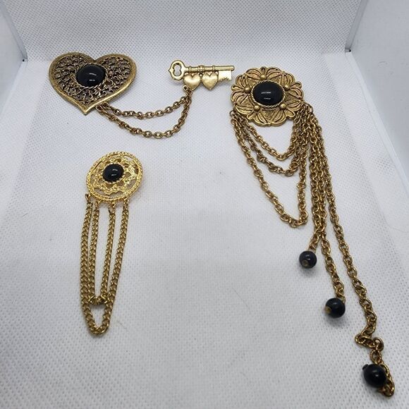 Set of 3 Vintage Gold & Black Brooches - Picture 1 of 11